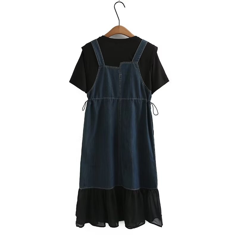 Ljetna haljina za plus veličine s kratkim rukavima, lažni dvodijelni denim izgled, naglašena linija struka, srednja duljina