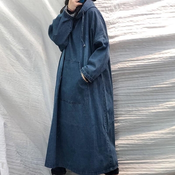 Rochie din denim cu glugă, lungă, în stil retro Mori, croială lejeră, până la genunchi, 70-80% bumbac