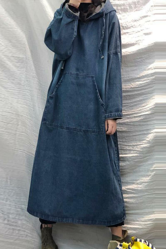 Rochie din denim cu glugă, lungă, în stil retro Mori, croială lejeră, până la genunchi, 70-80% bumbac