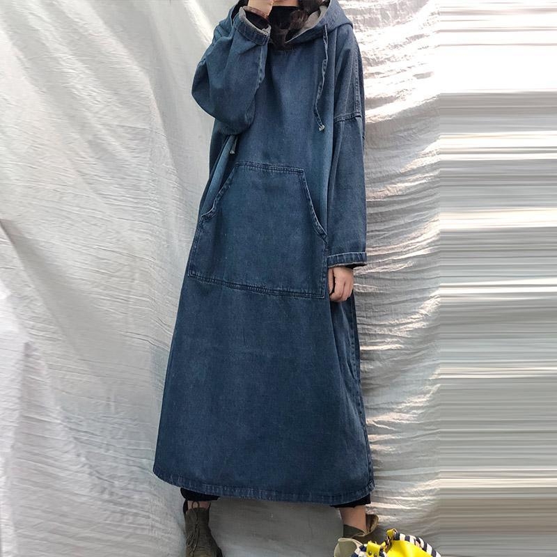 Rochie din denim cu glugă, lungă, în stil retro Mori, croială lejeră, până la genunchi, 70-80% bumbac