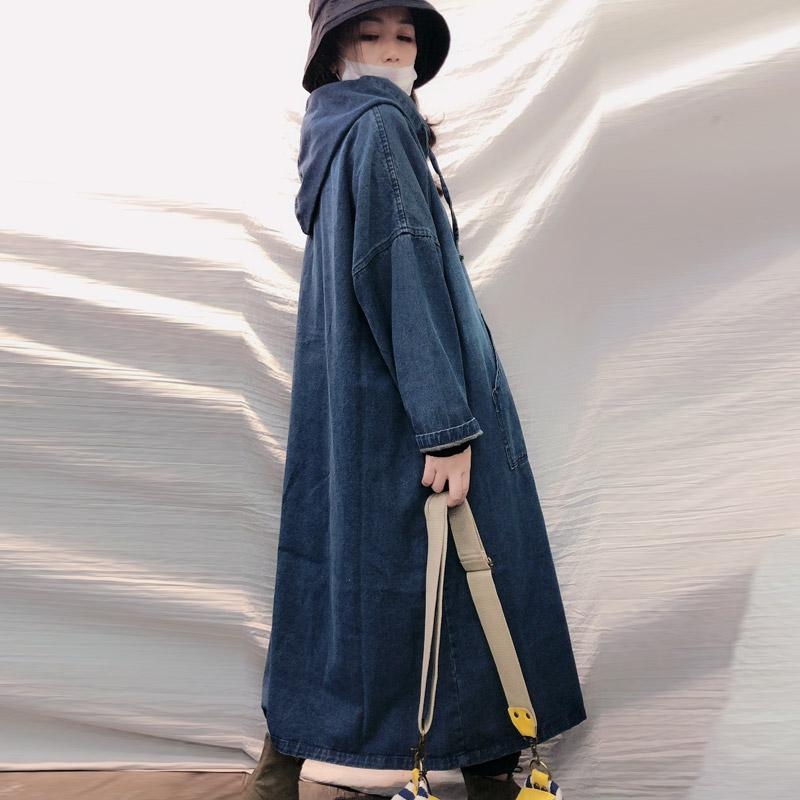 Rochie din denim cu glugă, lungă, în stil retro Mori, croială lejeră, până la genunchi, 70-80% bumbac