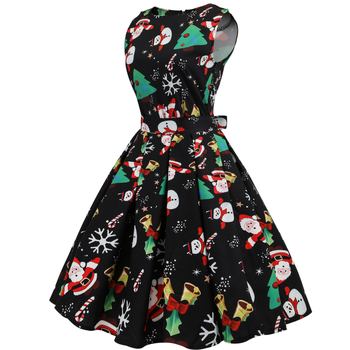 Haljina s printom karikatura, retro Hepburn stil 50-60-ih, struk u sredini, bez rukava, okrugli ovratnik