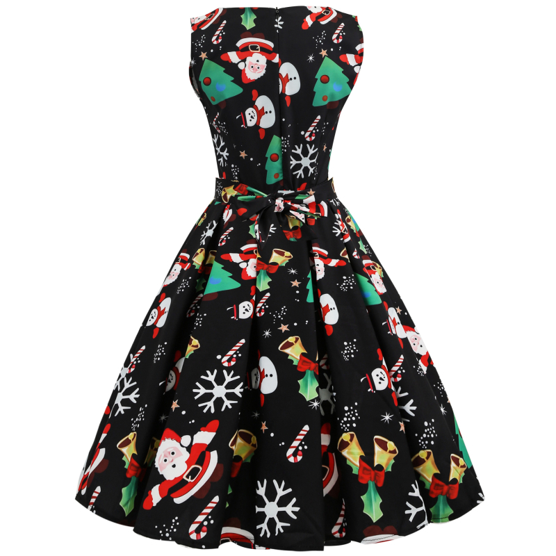 Haljina s printom karikatura, retro Hepburn stil 50-60-ih, struk u sredini, bez rukava, okrugli ovratnik