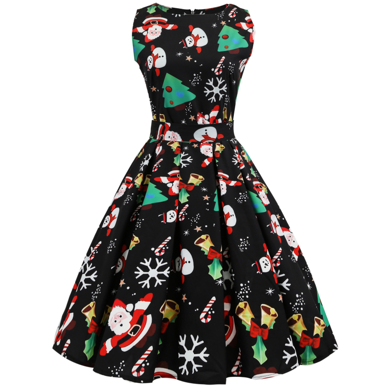 Haljina s printom karikatura, retro Hepburn stil 50-60-ih, struk u sredini, bez rukava, okrugli ovratnik