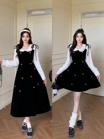 Elegáns velúr ruha kettő rész hatású illúzióval, hosszú ujjú, csipkés gallér, A-vonalú középméretű szoknya, 70–80% poliészter