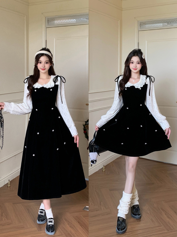 Elegáns velúr ruha kettő rész hatású illúzióval, hosszú ujjú, csipkés gallér, A-vonalú középméretű szoknya, 70–80% poliészter