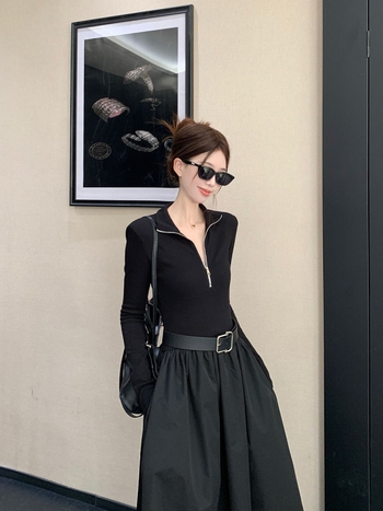 Haljina za žene s plus veličinom za jesen u Hepburn stilu, crna, elegantna, sa zatvaračem u struku i vitkim krojem