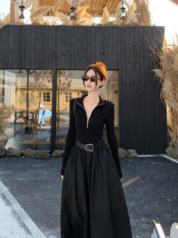Haljina za žene s plus veličinom za jesen u Hepburn stilu, crna, elegantna, sa zatvaračem u struku i vitkim krojem