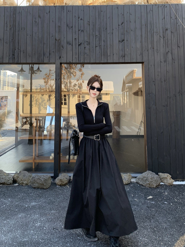 Haljina za žene s plus veličinom za jesen u Hepburn stilu, crna, elegantna, sa zatvaračem u struku i vitkim krojem