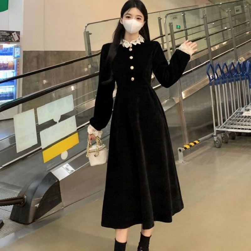 Hepburn stil haljina za plus veličine, jesen-zima, francuski retro elegantan gradski izgled, A-linija, okrugli izrez, dugi rukavi, srednja duljina