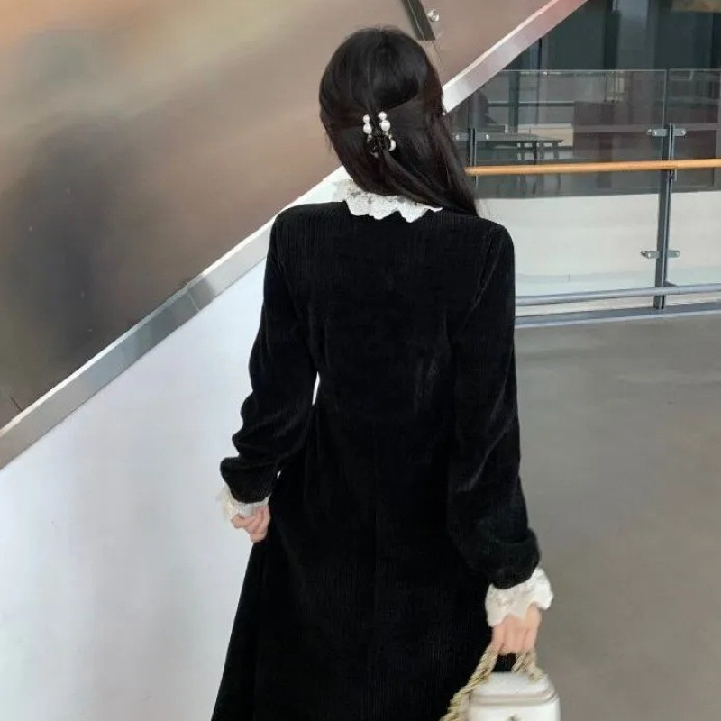 Hepburn stil haljina za plus veličine, jesen-zima, francuski retro elegantan gradski izgled, A-linija, okrugli izrez, dugi rukavi, srednja duljina