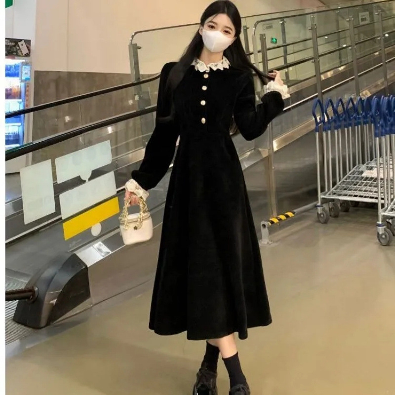 Hepburn stil haljina za plus veličine, jesen-zima, francuski retro elegantan gradski izgled, A-linija, okrugli izrez, dugi rukavi, srednja duljina