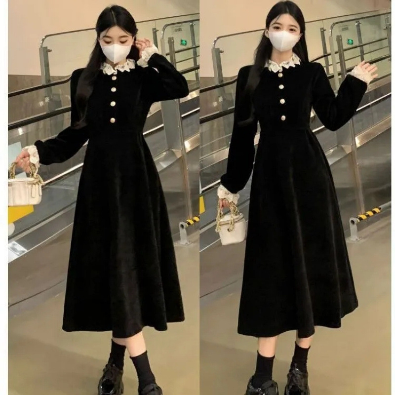 Hepburn stil haljina za plus veličine, jesen-zima, francuski retro elegantan gradski izgled, A-linija, okrugli izrez, dugi rukavi, srednja duljina