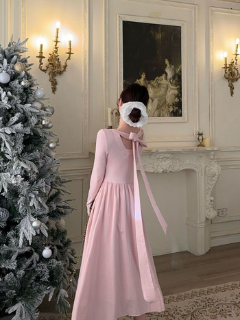 Plus-size haljina u korejskom stilu s okruglim izrezom, dugim rukavima i mašnicom, elegantna duga haljina za žene
