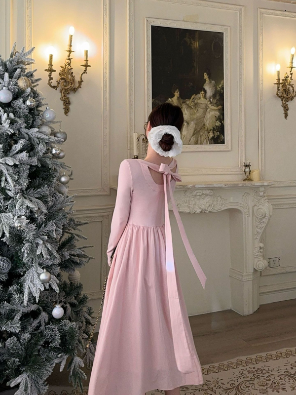 Plus-size haljina u korejskom stilu s okruglim izrezom, dugim rukavima i mašnicom, elegantna duga haljina za žene