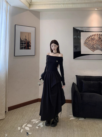 Francuski stil: elegantna midi haljina za jesen i zimu, jedno rame, Hepburn stil, plus veličina