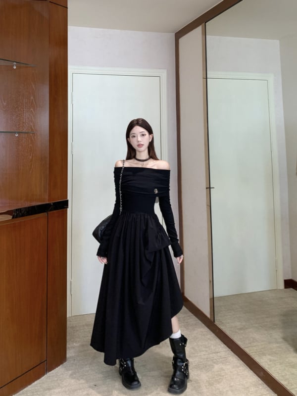 Francuski stil: elegantna midi haljina za jesen i zimu, jedno rame, Hepburn stil, plus veličina