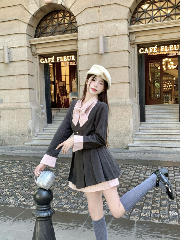 Haljina s dugim rukavima za plus veličinu, preppy stil, plisirana midi suknja, polo ovratnik, elegantan uredski stil