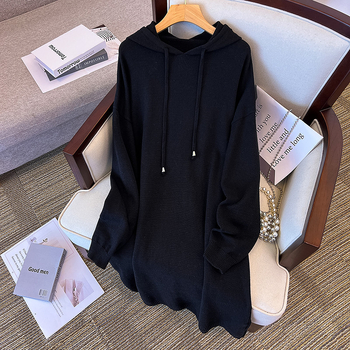 Rochie-sweat cu glugă, mâneci lungi, croială în A-line, lungime lungă, țesătură din core yarn, stil elegant pentru mersul la birou