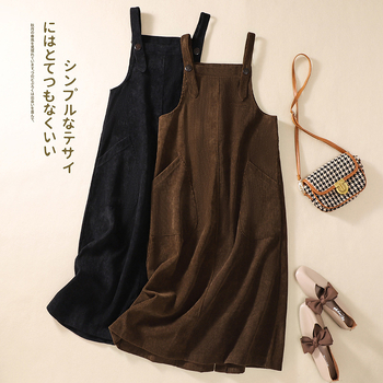 Corduroy haljina s naramenicama, japansko-korejski stil, duga linija, četvrtasti ovratnik, bez rukava