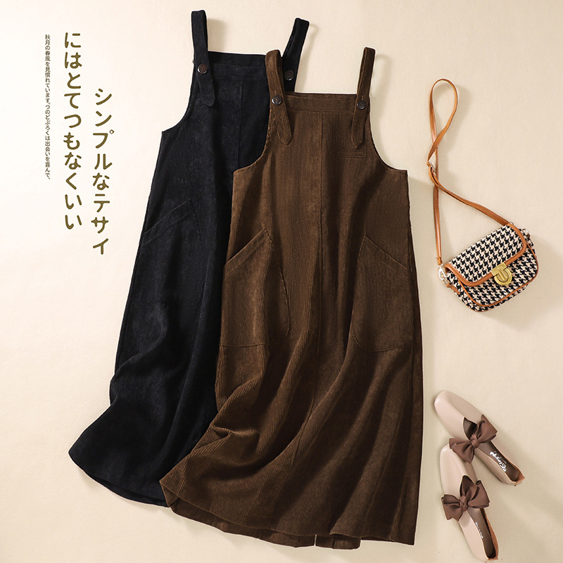 Corduroy haljina s naramenicama, japansko-korejski stil, duga linija, četvrtasti ovratnik, bez rukava
