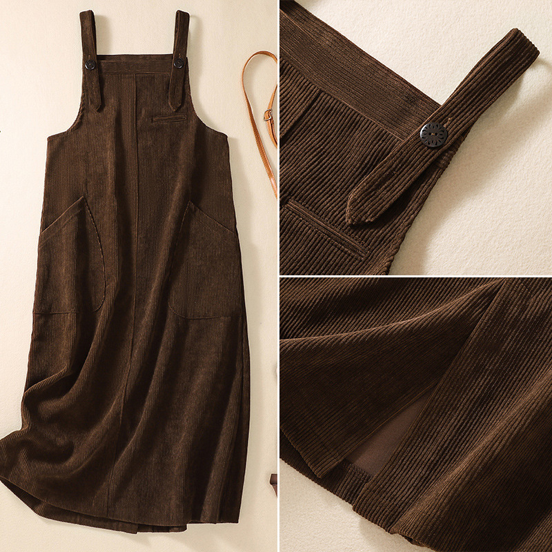 Corduroy haljina s naramenicama, japansko-korejski stil, duga linija, četvrtasti ovratnik, bez rukava