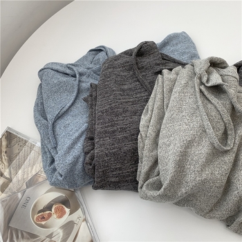 Ženski pamučni pleteni hoodie s kapuljom – labav kroj, dugi rukavi, srednja duljina