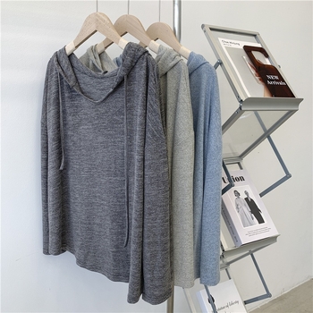 Ženski pamučni pleteni hoodie s kapuljom – labav kroj, dugi rukavi, srednja duljina