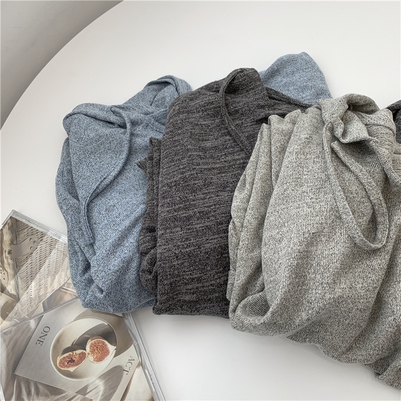 Ženski pamučni pleteni hoodie s kapuljom – labav kroj, dugi rukavi, srednja duljina