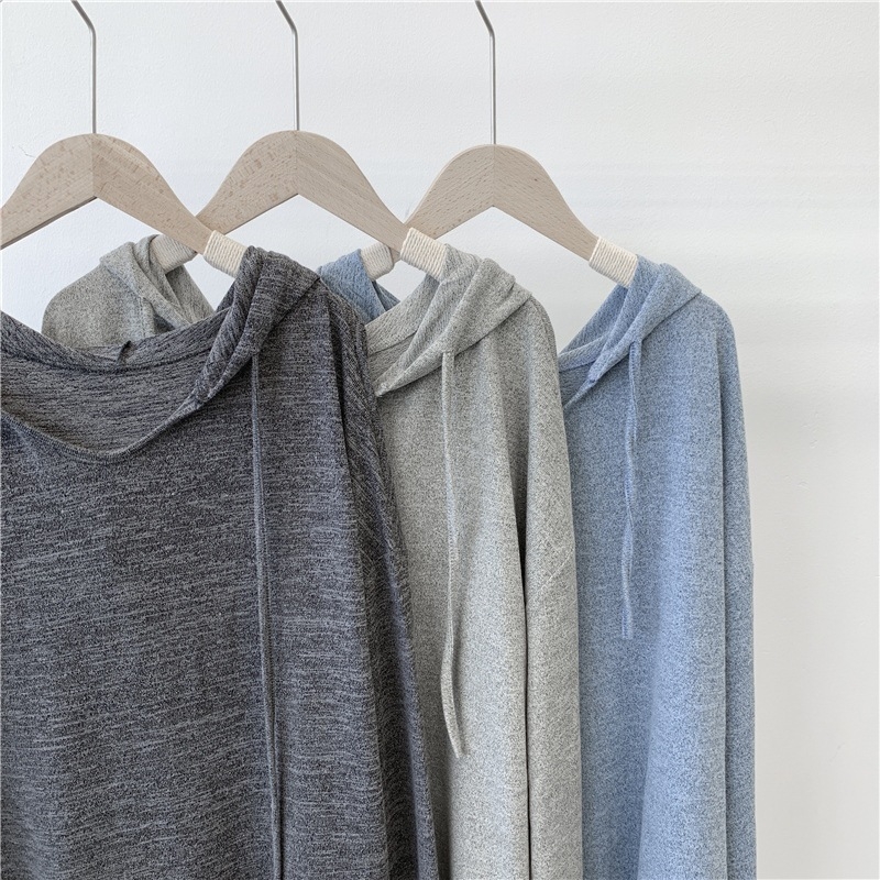 Ženski pamučni pleteni hoodie s kapuljom – labav kroj, dugi rukavi, srednja duljina