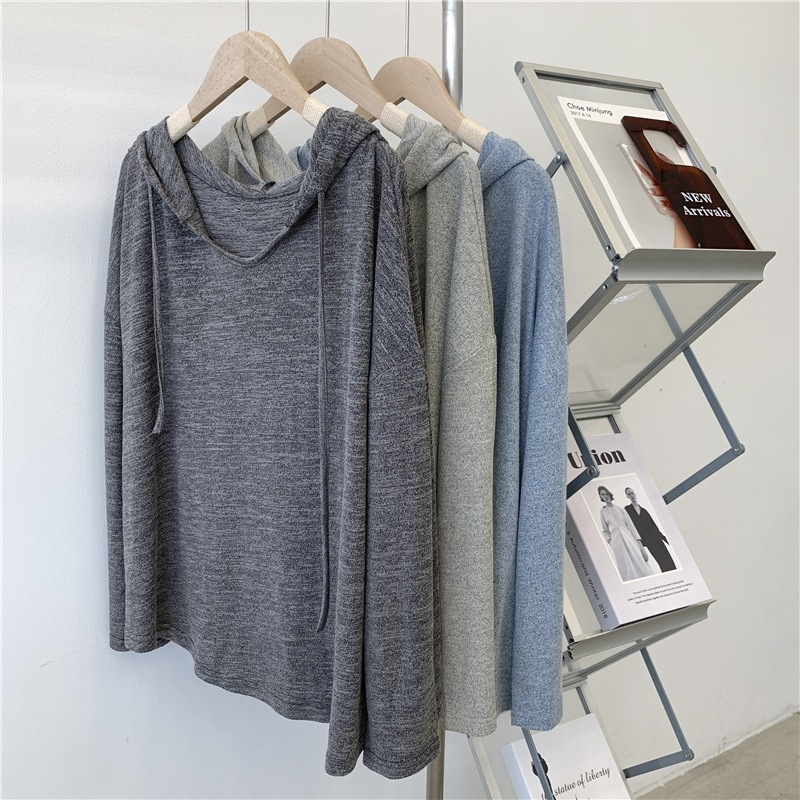 Ženski pamučni pleteni hoodie s kapuljom – labav kroj, dugi rukavi, srednja duljina