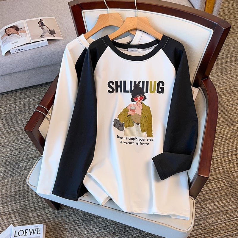 Bluza damă din bumbac cu mâneci lungi, guler rotund, material ușor, croială dreaptă, toamnă 2023, 80–90% bumbac.