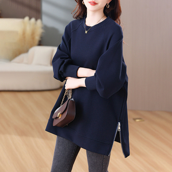 Pulover din bumbac cu model geometric, croială lejeră, mâneci lungi, guler rotund