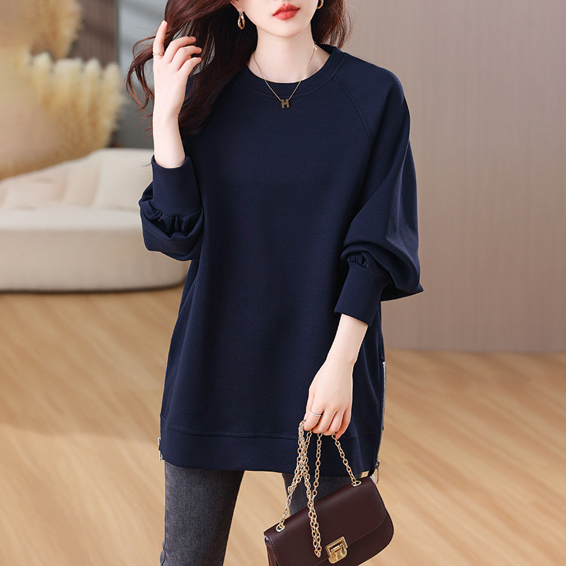 Pulover din bumbac cu model geometric, croială lejeră, mâneci lungi, guler rotund