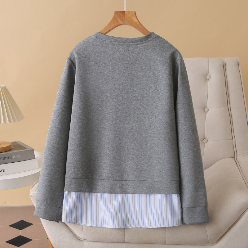 Pamukasta hoodie s lažnim dvodijelnim dizajnom, jesen 2025, uzorak usklađenih boja, okrugli izrez