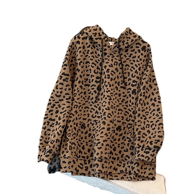Ženska jakna s kapuljom i leopard printom, široki kroj, prednji zatvarač, debele poliester za zimu