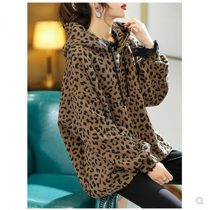 Ženska jakna s kapuljom i leopard printom, široki kroj, prednji zatvarač, debele poliester za zimu