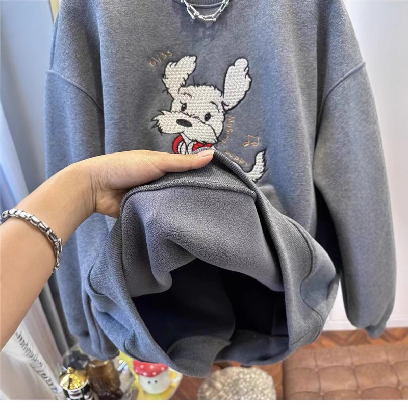Pulover damă cu fleece interior, broderie cu câine, material tricotat din bumbac și poliester, croială lejeră, mâneci lungi, guler rotund, motiv anime, primăvara 2025