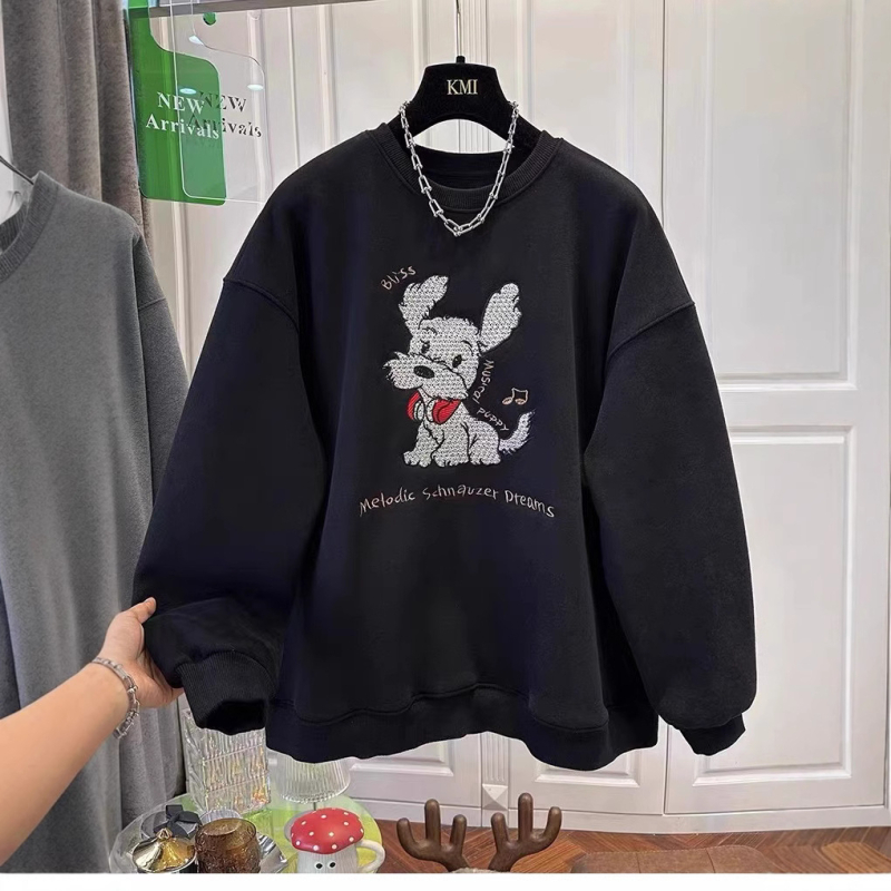 Pulover damă cu fleece interior, broderie cu câine, material tricotat din bumbac și poliester, croială lejeră, mâneci lungi, guler rotund, motiv anime, primăvara 2025