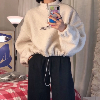 Hanorac de damă din fleece cu guler înalt și fermoar, poliester cu elastan, croială lejeră, mâneci lungi