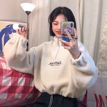 Hanorac de damă din fleece cu guler înalt și fermoar, poliester cu elastan, croială lejeră, mâneci lungi