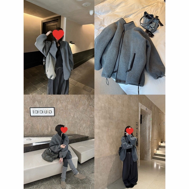 Ženska dvostruko obložena polar fleece jakna sa zipom, siva, stojeći ovratnik, dugi rukavi, ultra kratka duljina