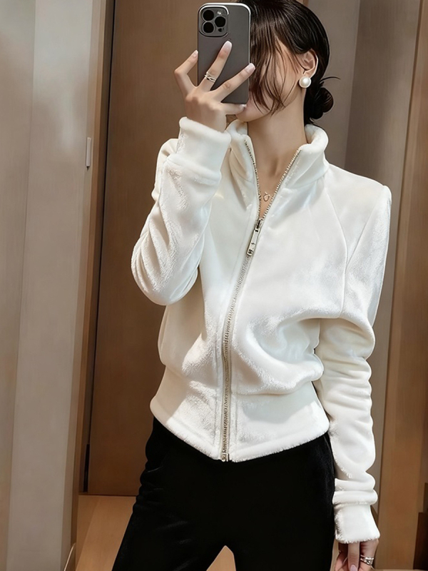 Ženska baršunasta jakna s patentnim zatvaračem, uski kroj, stojeći ovratnik, zimski komad