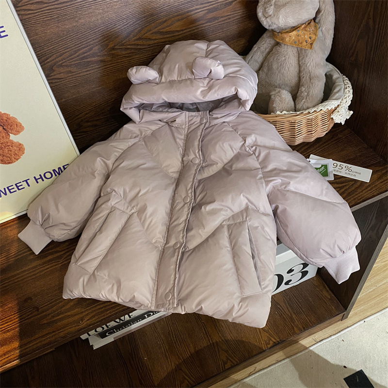 Корейски стил детско пухено яке с качулка, зимно 2024, средна дължина, плътна изработка