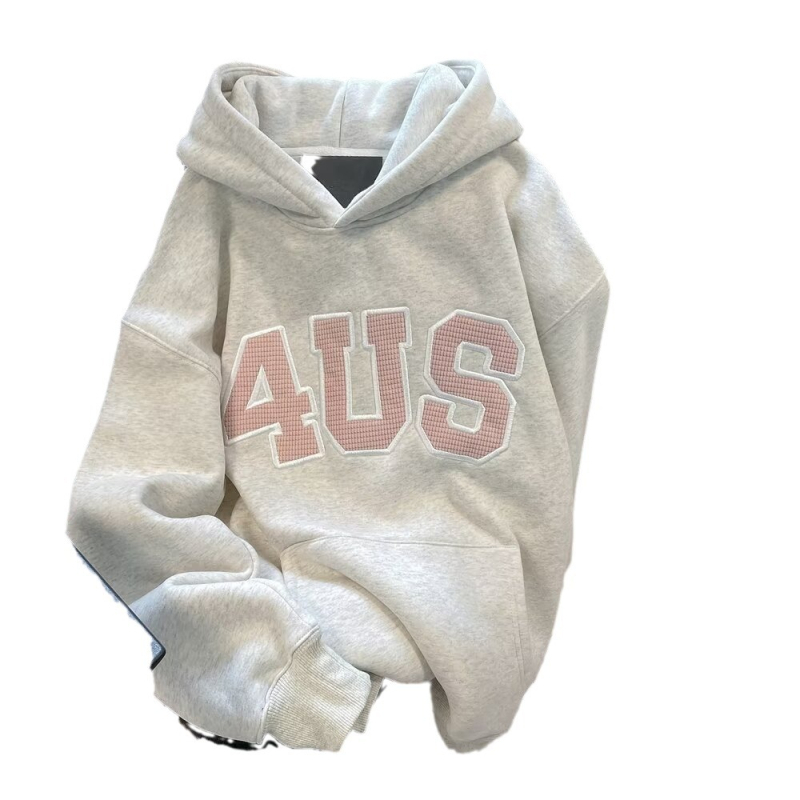 Hanorac damă cu glugă din fleece de miel, imprimeu cu litere/numere, croială lejeră, stil pulover, amestec poliester-spandex, iarnă 2023