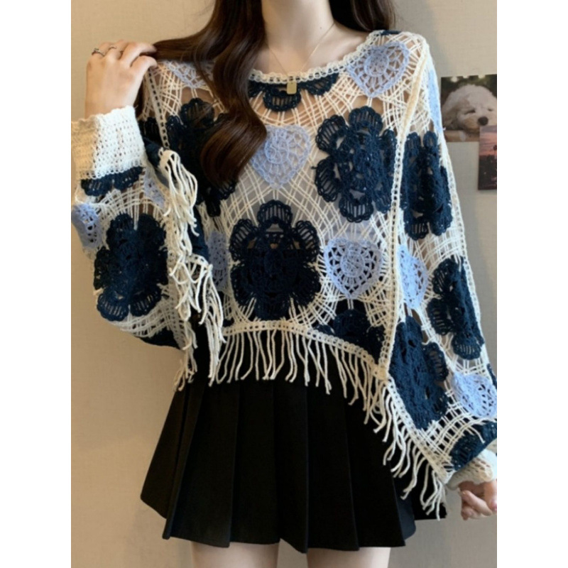 Vintage francuski kvačkani top s resicama, ženski, ljeto, plus veličina, opušteni kroj, elegantan i vizualno vitak, s dugim rukavima