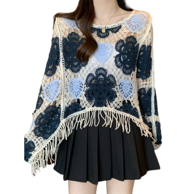 Vintage francuski kvačkani top s resicama, ženski, ljeto, plus veličina, opušteni kroj, elegantan i vizualno vitak, s dugim rukavima