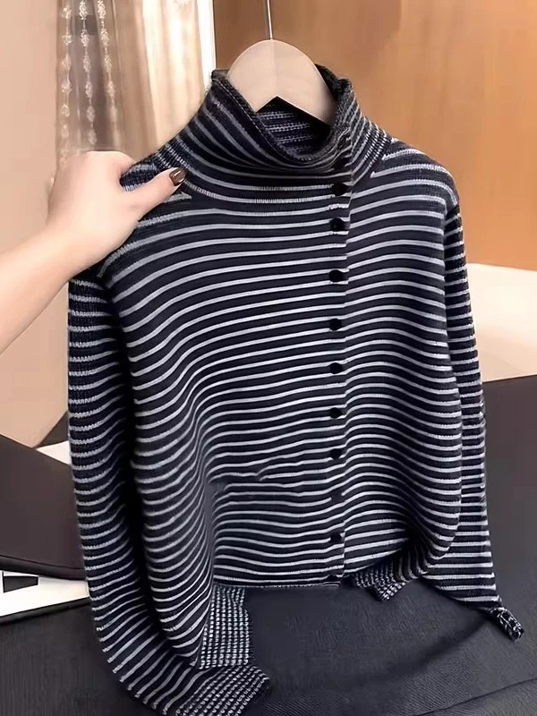 Plus-size ženski pleteni džemper na pruge, korejskog stila, okrugli izrez, uski kroj, jesen-zima