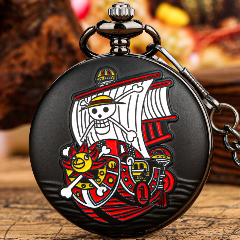 Žepni sat s motivom One Piece Ship – kvarcni mehanizam, svjetsko vrijeme, model mehanizma 68, kućište od legure