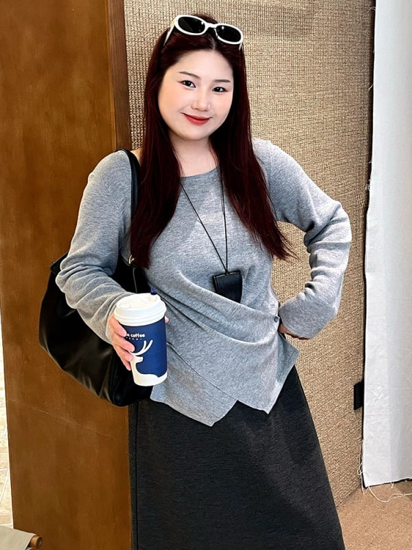 Ženski pleteni top s asimetričnim prorezom, plus veličina, jesen 2025